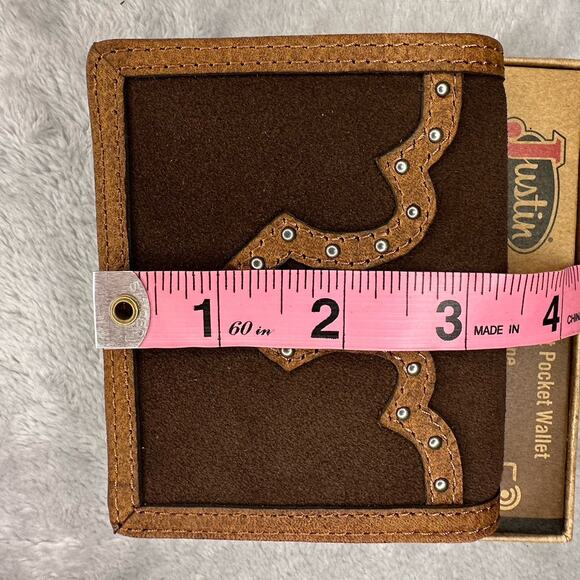 Justin RFID Front Pocket Wallet Brown Genuine Leather Suede Western Boot Stitch - Picture 7 of 9